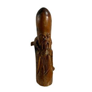 Vtg Hand Carved Wood God of Longevity Figure Statue Elongated Head Smiling